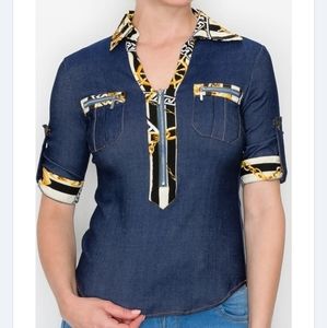 Stretch Denim Top with Contrast Collar